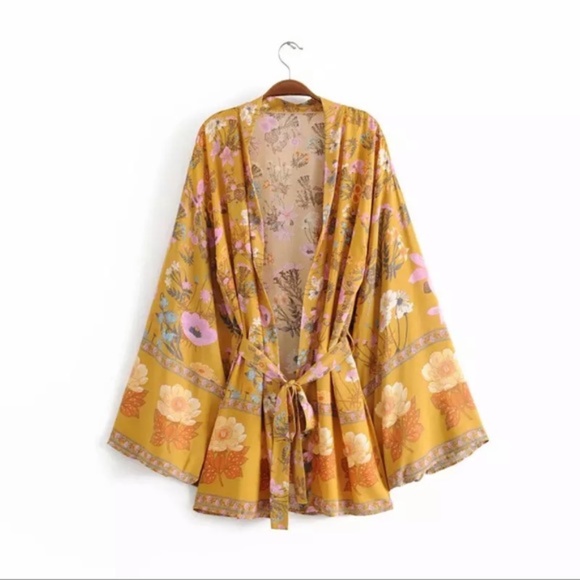 Boho Floral Print Short Kimono Belted Cover up - Picture 10 of 14